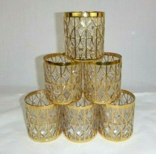 6 Vtg Mid Century Imperial El Tabique De Oro Gold Rocks Bar Glasses