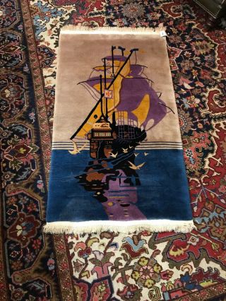 Antique / Vintage Art Deco Signed Hand Made Chinese Walter Nichols Rug Junk Ship