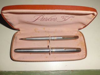 Vintage Parker 51 Flighter Stainless Steel Fountain Pen And Pencil Boxed Set