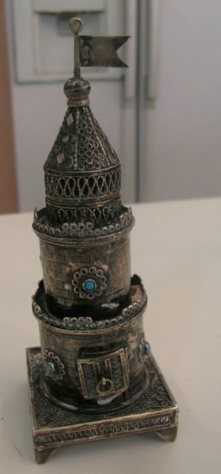 Vintage Sterling Silver Judaica Rare Spice Tower Box And Built In Candle Holder