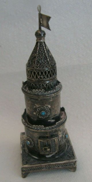 VINTAGE STERLING SILVER JUDAICA RARE SPICE TOWER BOX AND BUILT IN CANDLE HOLDER 2