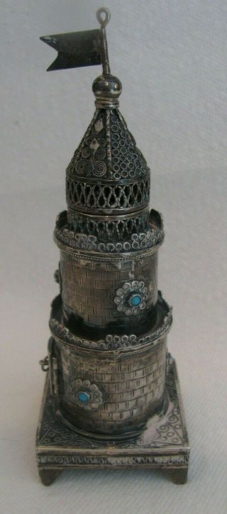 VINTAGE STERLING SILVER JUDAICA RARE SPICE TOWER BOX AND BUILT IN CANDLE HOLDER 3