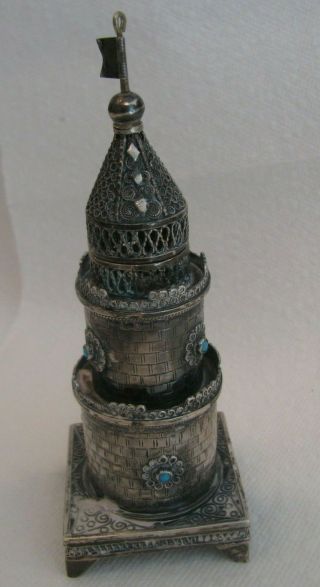 VINTAGE STERLING SILVER JUDAICA RARE SPICE TOWER BOX AND BUILT IN CANDLE HOLDER 4