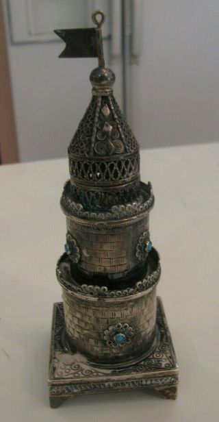 VINTAGE STERLING SILVER JUDAICA RARE SPICE TOWER BOX AND BUILT IN CANDLE HOLDER 9