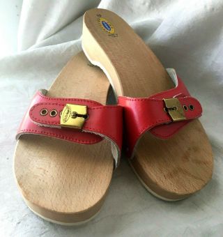 Vintage Dr.  Scholls Wooden Sandals Red Leather Size 10 Italy