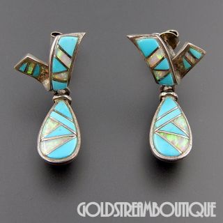 Vintage Navajo Sterling Silver Turquoise Gilson Opal Inlay Dangle Post Earrings