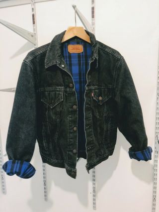 Vintage Levi’s Black Denim Jacket W Blue Flannel Lining 70411 Medium Made In Usa