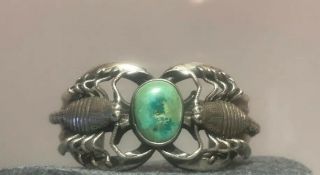 Vintage Silver Navajo Turquoise Cuff Bracelet With Scorpions Sand Cast