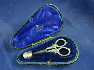 Antique Silver Scissors & Thimble.  Sewing.  Birmingham 1896.  Levi & Salaman