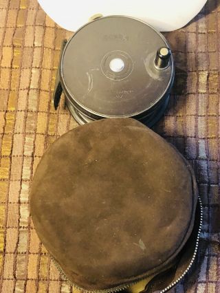 VINTAGE HARDY BROTHERS LTD FLY REEL “THE PERFECT 3 3/4“ &SUEDE CASE ENGLAND 11