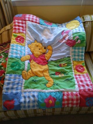 Vintage Winnie Pooh & Piglet Baby Blanket Quilt 1998 Little Bedding Guc Balloons