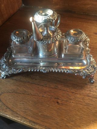 Rare Antique Silver Plated Ink Desk Stand With Candlestick & Snuffer