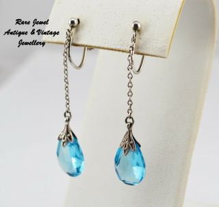 Vintage Jewellery Art Deco Silver Earrings Lovely Aquamarine Long Drops