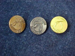 3 Orig Vintage Lapel Badges " Dominion Marksmen " Bronze / Silver / Gold