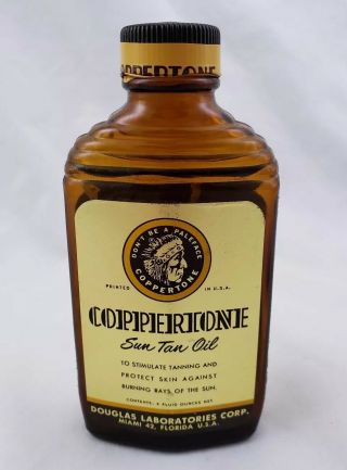 Vintage 1940s Coppertone Suntan Oil Lotion Brown Glass Bottle Indian Label