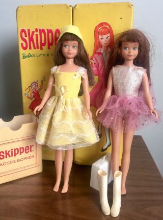 Vintage Barbie Skipper Dolls (2) 1964 W/ Carry Case,  Accessories Clothe