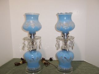 2 Vintage Blue Glass Boudoir Table Lamps Glass Prisms Vanity Nightstand Lights