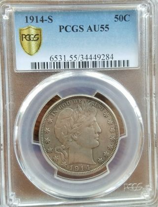 Rare 1914 S Barber silver half dollar PCGS AU55 3