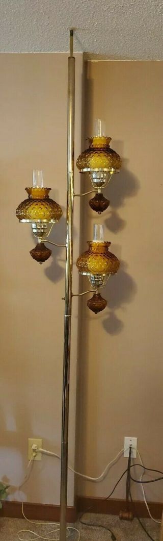 Vintage Floor To Ceiling Tension Pole 3 Light Lamp,  Amber Glass 1960s 70s