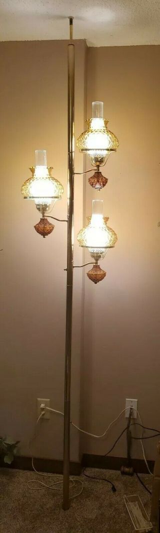Vintage Floor To Ceiling Tension Pole 3 Light Lamp,  Amber Glass 1960s 70s 2