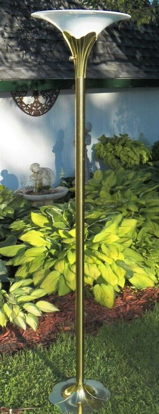 Vintage " Stiffel " Brass Lily Lotus Torchiere Floor Lamp With White Glass Shade