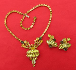 D&e Juliana Vintage Rhinestone Necklace Clip On Earring Set Amber Green 441k