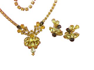 D&E Juliana Vintage Rhinestone Necklace Clip On Earring Set Amber Green 441k 4