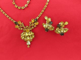 D&E Juliana Vintage Rhinestone Necklace Clip On Earring Set Amber Green 441k 6
