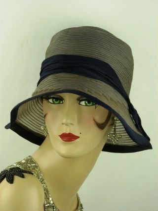 Vintage Hat French 1920s Art Deco Cloche Hat,  Slate Grey & Deep Blue Ribbon Trim