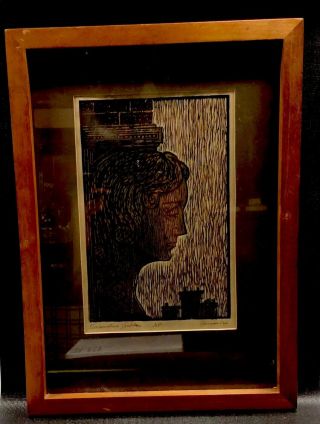 Vintage Woodcut Artist Proof Wood Frame Brownstone Goddess William Gorman 1966