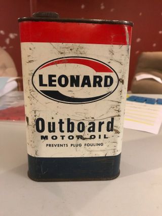 Vintage Leonard Outboard Motor Oil Can Great Graphics Rare Flat Quart