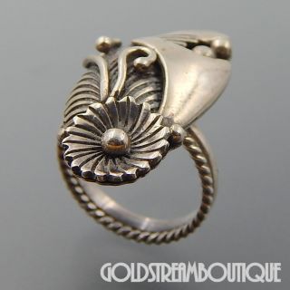 Vintage Navajo Signed Sterling Silver Complex Design Flower Feather Wide Ring,  7