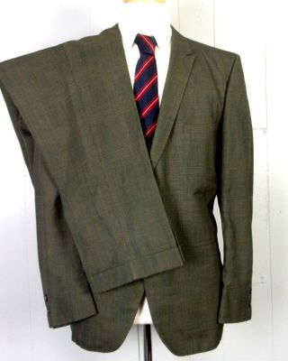 Vtg 50s 60s Michaels Stern Green Glen Plaid Wool Sharkskin 2 Pc Suit Narrow 44 R
