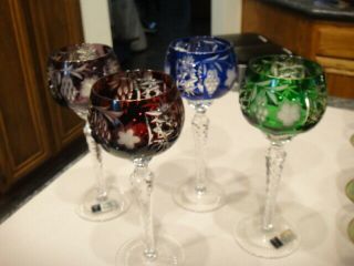 Vtg Set Of 4 Mouth Blown Crystal Wine Goblets Cut To Clear 4 Colors Hungary