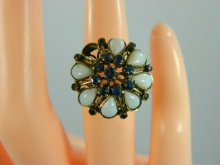 Vintage 14k Yellow Gold Opal & Blue Sapphire Cocktail Ring Size 5
