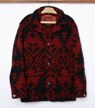 Vintage Woolrich Red & Black Thick Wool Southwestern Motif Jacket Men 