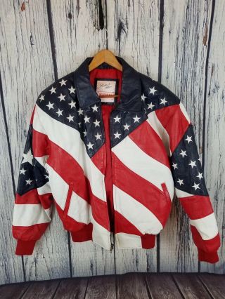 Vintage Michael Hoban American Usa Flag Embroidered Leather Jacket Size Small S