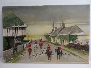 Vintage Old Painting Oil On Canvas Country Hunt Signed