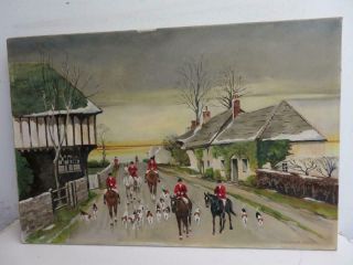 vintage old PAINTING oil on canvas COUNTRY hunt signed 4