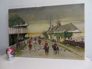 vintage old PAINTING oil on canvas COUNTRY hunt signed 5