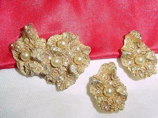 Vtg Gold Plated ​ Pennino Pin/brooch & Earrings Faux Pearl & Rhinestone 1934