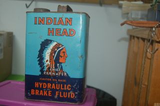 Antique Indian Head Brake Fluid Tin Litho Can Vintage Gas Oil Service Station