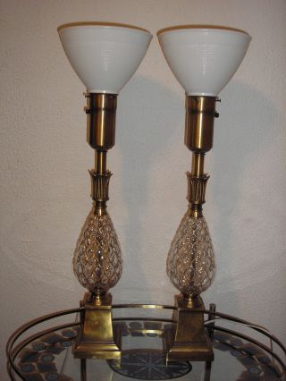 Hollywood Regency Pineapple Glass Table Lamps Vintage Pair Mid Century Modern