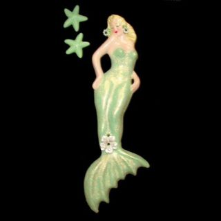 Sparkling Pinup Mermaid Wall Plaque W Starfish For Vintage Or Retro Bath Decor