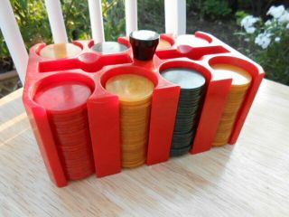 Vintage Art Deco Red Catalin Poker Chip Set Caddy With Chips Swirled Exc,