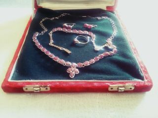Vintage 925 Sterling Silver Ruby Parure Necklace,  Bracelet,  Earrings,  Ring (28g)