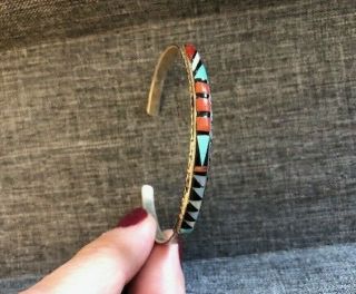 Vintage J.  R.  B.  Zuni Nm Signed Sterling Silver Turq Onyx Coral Mop Inlay Cuf