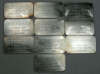 10 Vintage Engelhard.  999,  Fine Silver Bars.  1 Troy Oz.  Each.  5