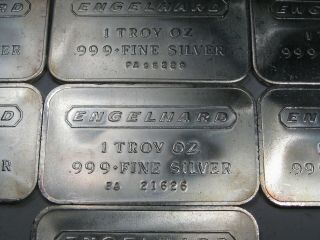 10 Vintage ENGELHARD.  999,  Fine Silver BARS.  1 Troy oz.  Each.  5 2