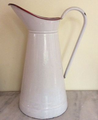 Vintage French Enamel Tall Water Pitcher White W Red Trim Enamelware France